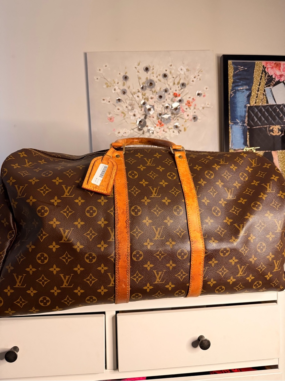 Louis Vuitton Brown Monogram Travel Duffle with Tan Leather Trim